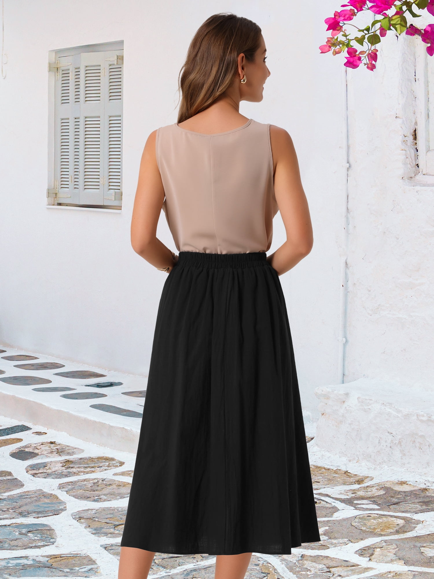DARING DIVA Women's Elastic Waist A Line Casual Summer Midi Skirt with Pockets L Black