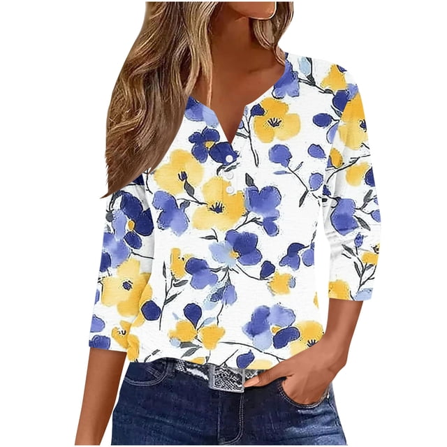 Blusas para las Mujeres Casual Impreso 3/4 Mangas V-Cuello Botón Ocio Top Blusa Tops para las Mujeres