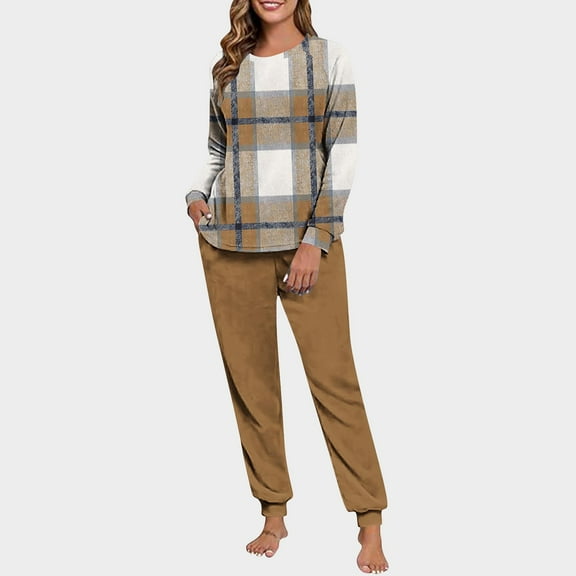 SYMOID Womens Khaki Cozy Loungewear Set - 100% Polyester Plaid Top & Solid Jogger Pants, Long Sleeve with Pockets for Home Lounging/Sleep (S-XXL),Size XL