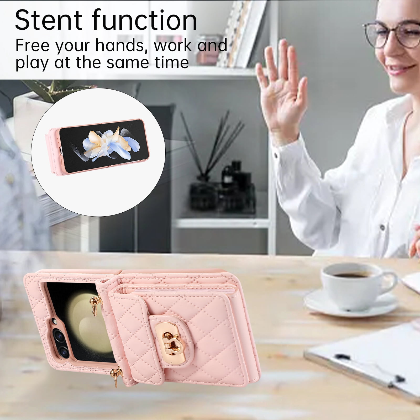 Decase For Samsung Galaxy Z Flip 5 5G Leather Wallet Case, PU Leather Shockproof Case with Crossbody Strap, Back Built in Stand Wallet Credit Card Holder Slots Phone Cover,Pink