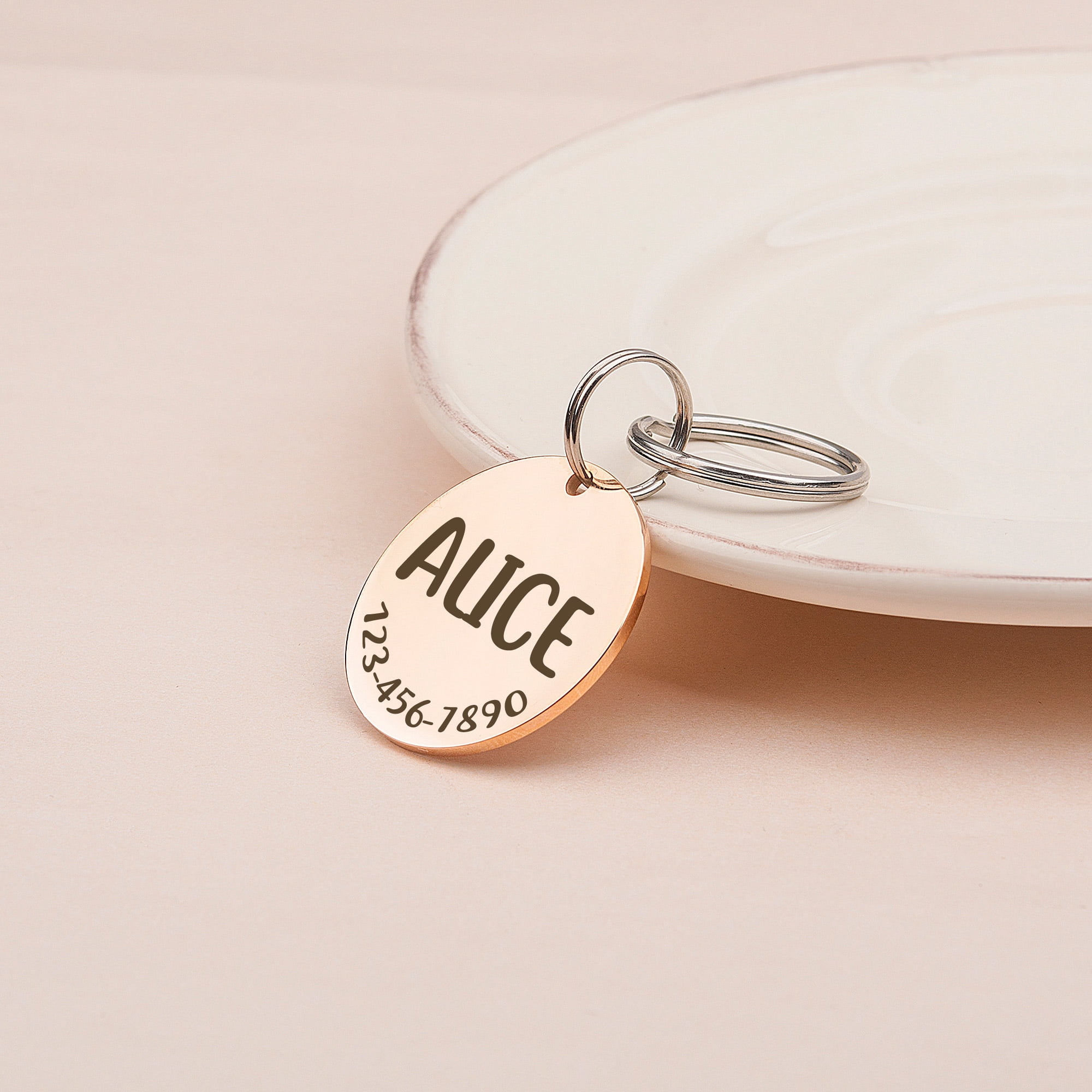 Anavia Stainless Steel Metal Round Name - Phone Number Birthday Holiday Christmas Engraved Dog Cat ID Tag, Rose Gold