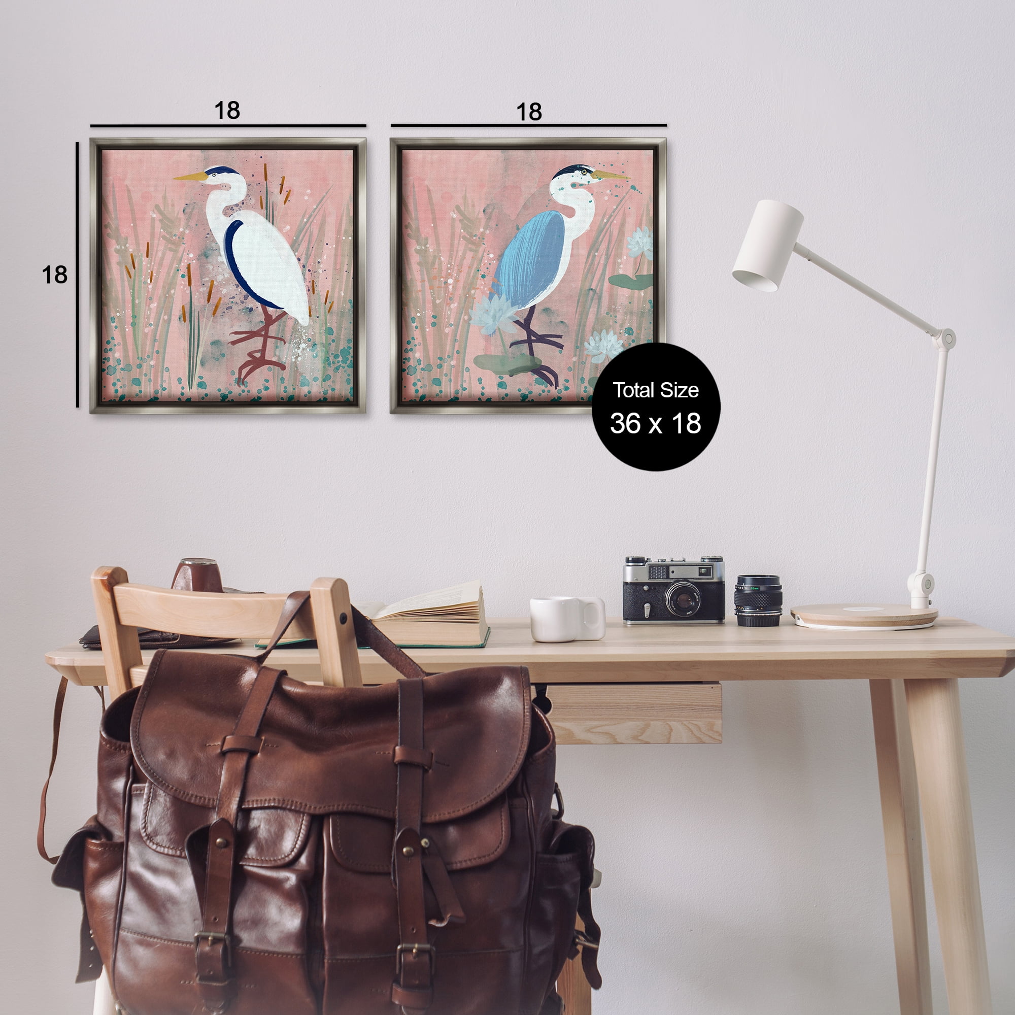 Stupell Industries Blue Heron Egret Cattail Marsh Animals Painting Gray Floater Framed Canvas Art Print Wall Art, 18 x 18, Set of 2