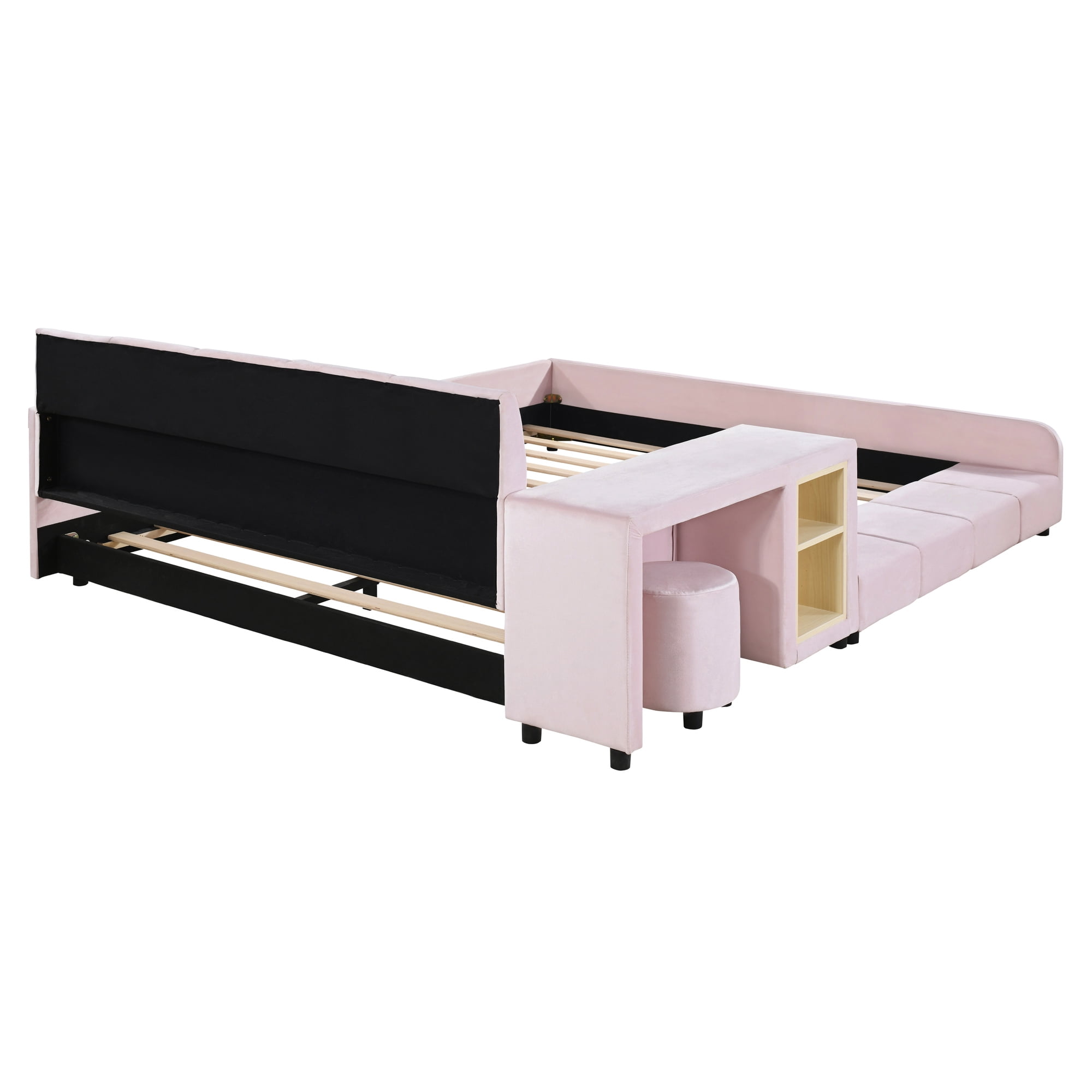 Aukfa Queen Size Velvet Upholstered Mother & Child Bed Frame, Grounded Platform Bed with Bedside Desk & Round Stool, Floor Bed for Kids & Adults Bedroom, Pink