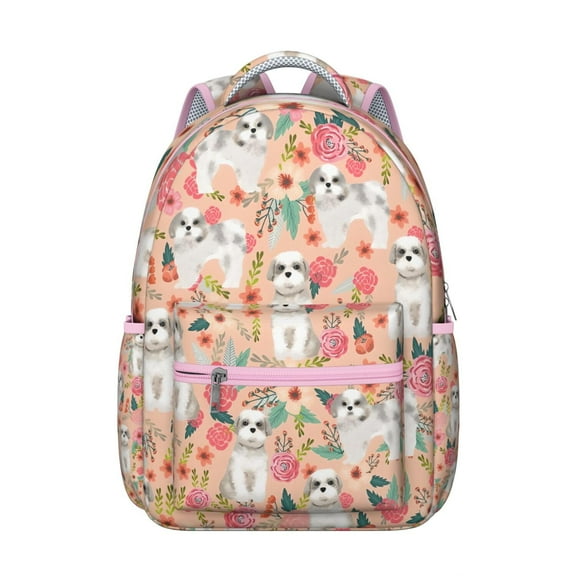 Shih Tzu Dog and Floral Backpack for School,Cute School Bag,Schoolbag with Adjustable Shoulder Straps & Padded Back,15.3"x11"x7.1".