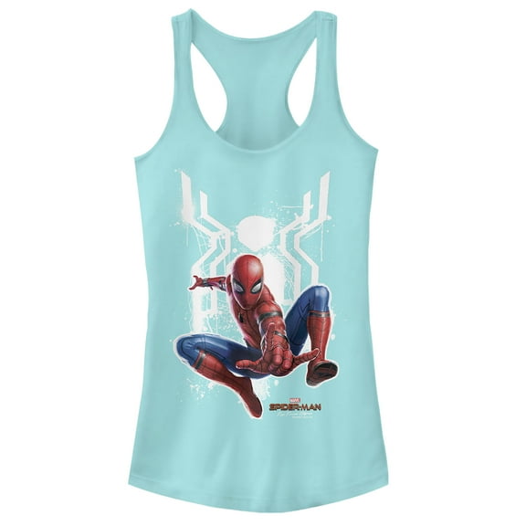 Junior's Marvel Spider-Man: Far From Home Logo Splatter  Racerback Tank Top Cancun Large