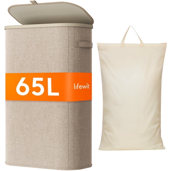 Lifewit Slim Laundry Basket with Lid, Narrow Laundry Hamper with Plastic Handles and Removable Bag, Tall Foldable Dirty Clothes Hampers for Laundry Room, Bedroom, Bathroom, Dorm, 65L Beige
