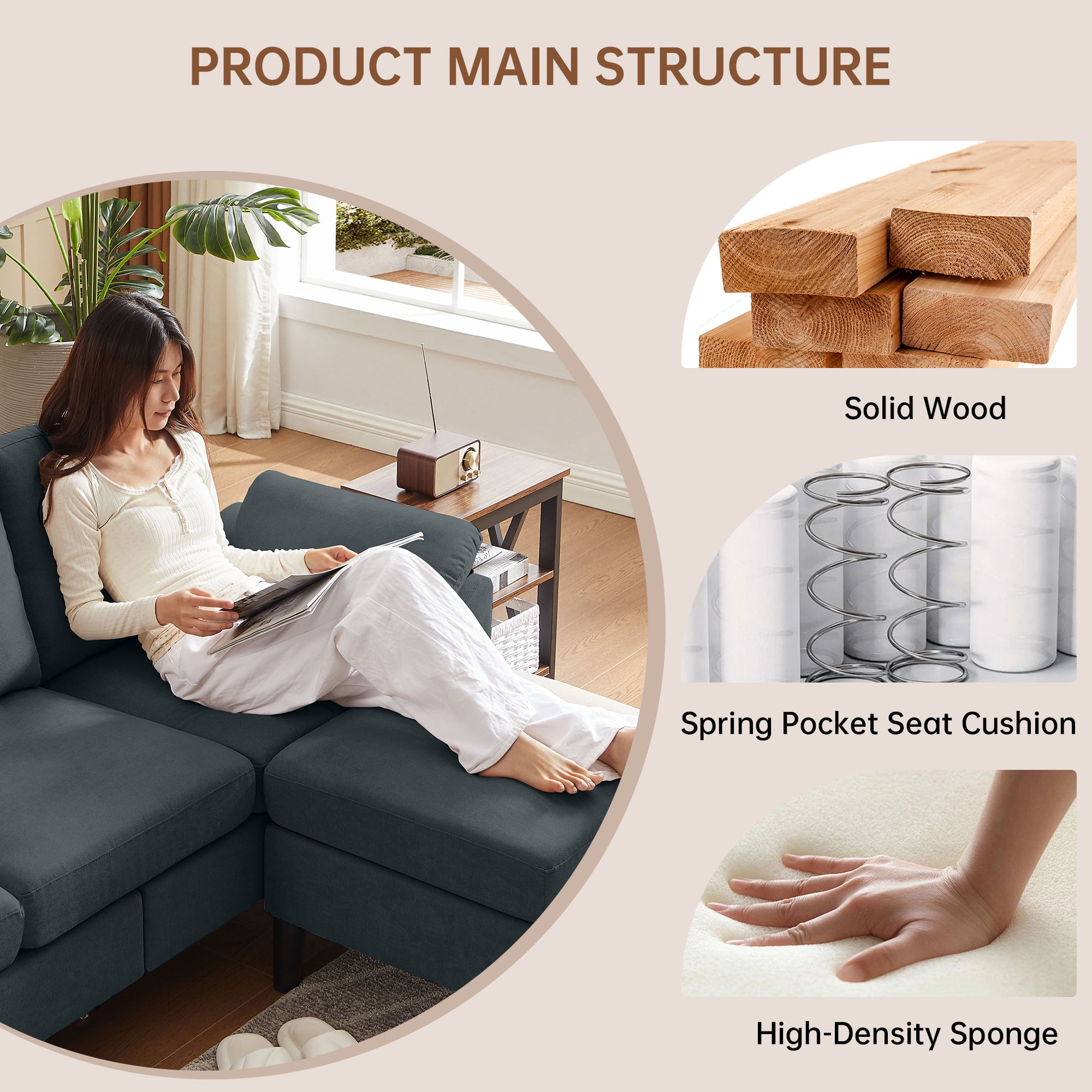 Pingliang Home 80" Sectional Sofa Couch,L Shaped 3 Seat with Reversible Storage Ottoman and Side Pockets, Modern Polyester Fabric Sofa Couches for Living Room Apartment Office Studio Small Space