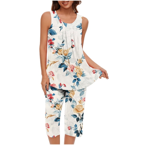 Conjunto de Verano para las Mujeres Casual Impreso sin Mangas Cuello Redondo Y Pantalones Recortados de Dos Piezas