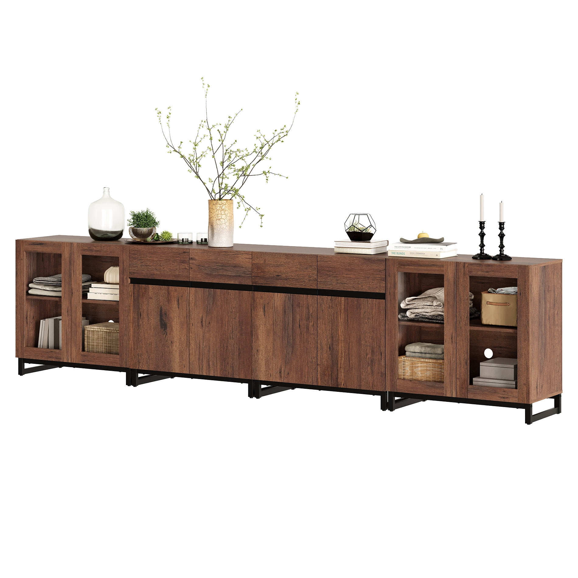 Modern Sideboard With Adjustable Shelves, 4 In 1 Storage Cabinet With Glass Doors, Coffee Bar Cabinet For Living Room, Kitchen,Dinning Room,Brown
