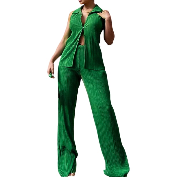 Txlixc Conjunto casual de 2 piezas para mujer, sin mangas, con botones, camisa plisada y pantalones Txlixc Moda