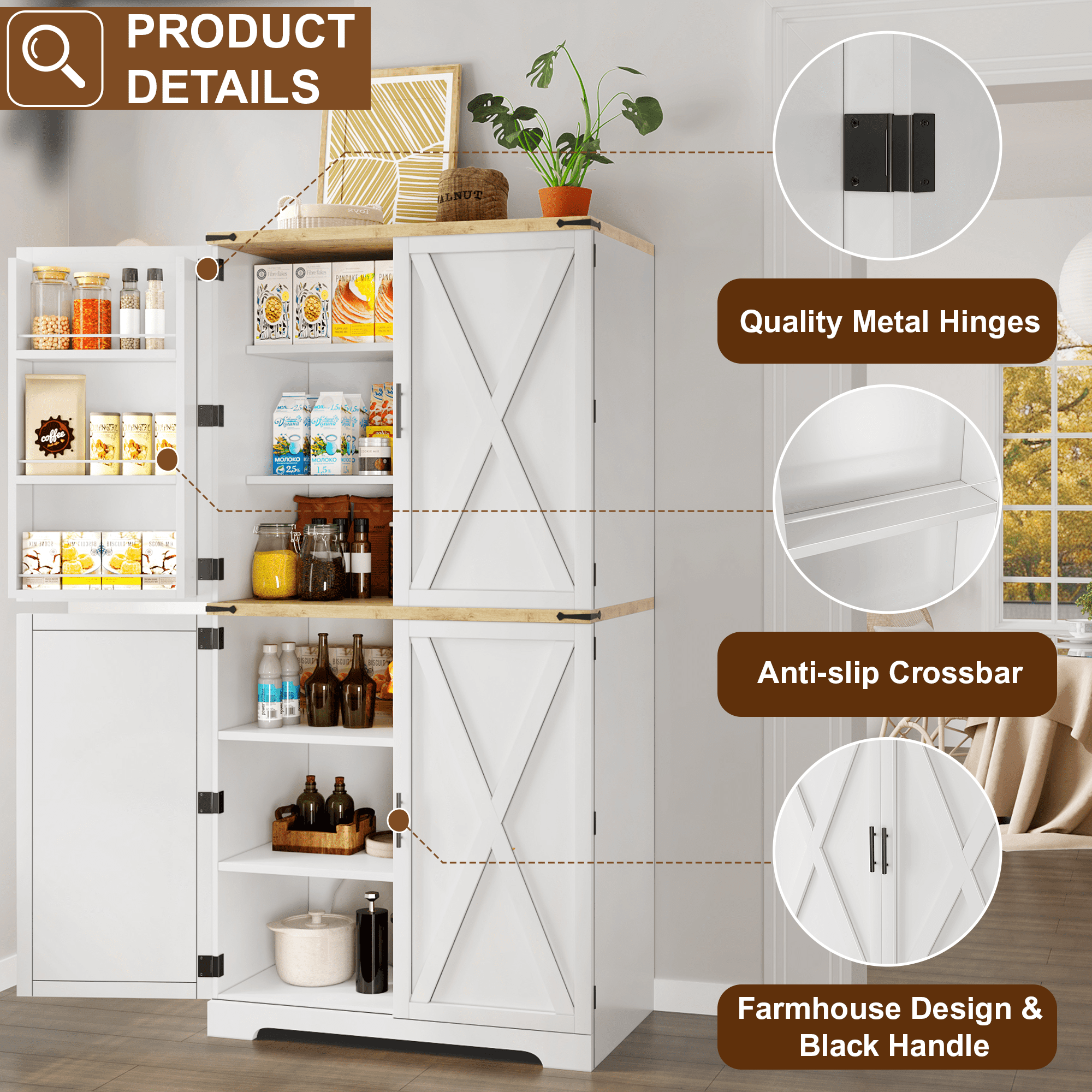 72.8'' Tall Kitchen Pantry Cabinet with 4 Barn Doors,Wood Storage Cabinet with Adjustable Shelves for Dining Room Living Room, White