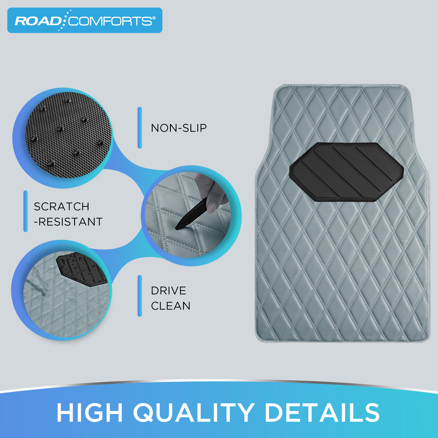 Road Comforts 4PC Leather Quilted Car Floor Mats, Stylish, Durable, Waterproof, Non-Slip, Full Coverage for Cars and SUVs Gray