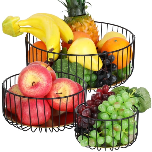 3PCS Metal Fruit Basket Set for Kitchen Counter, Decorative Wire Baskets with Detachable Tray, Modern Fruit Bowl for Fruits, Snacks, and Vegetable Storage