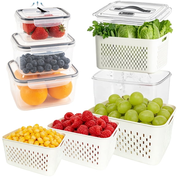 Aovky Fruit Containers for Fridge, 4 Pack Large & Small Airtight Containers with Removable Colanders, 2-in-1 Fridge Organizers and Storage to Keep Fruits, Vegetables, Salad, Lettuce Fresh Longer