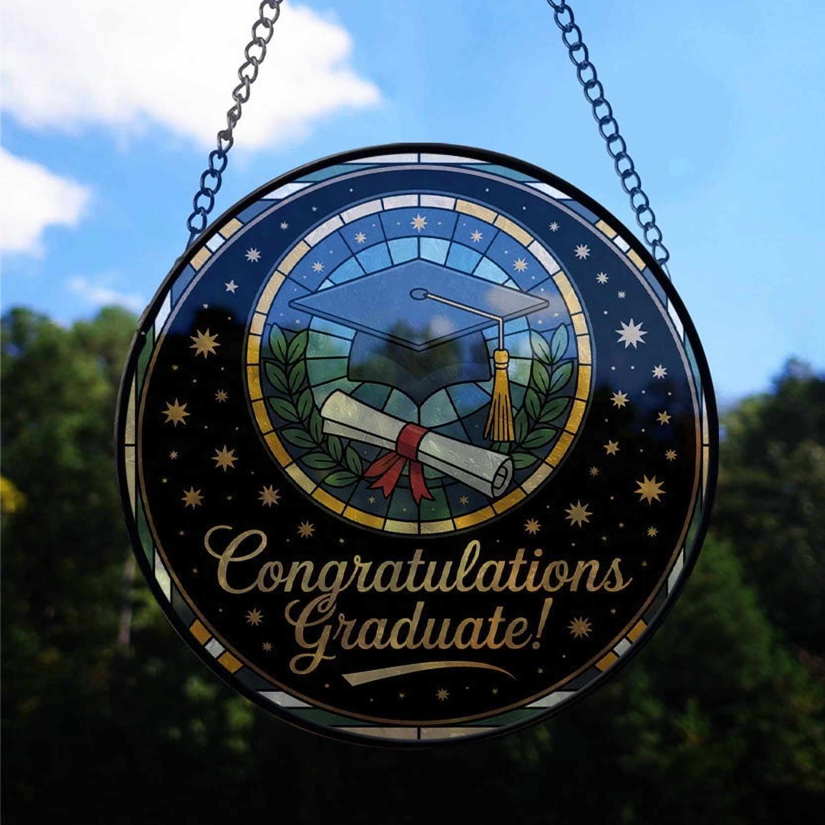 Graduation Cap & Diploma Stained Glass Suncatcher Window Hanging – Customizable Window Hanging for Family, Friends, Man & Woman, Christmas 2025 Tree Decoration