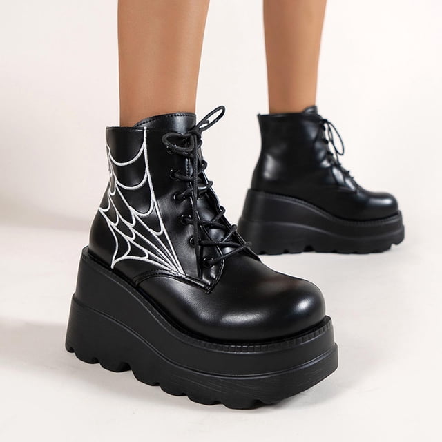LSLJS Bottes Décontractées pour Femmes à Semelle Épaisse à Talon Compensé, Bout Rond, Talon Épais, à Lacets, Chaussures Courtes, Bottines et Bottillons pour Femmes, Bottes pour Femmes