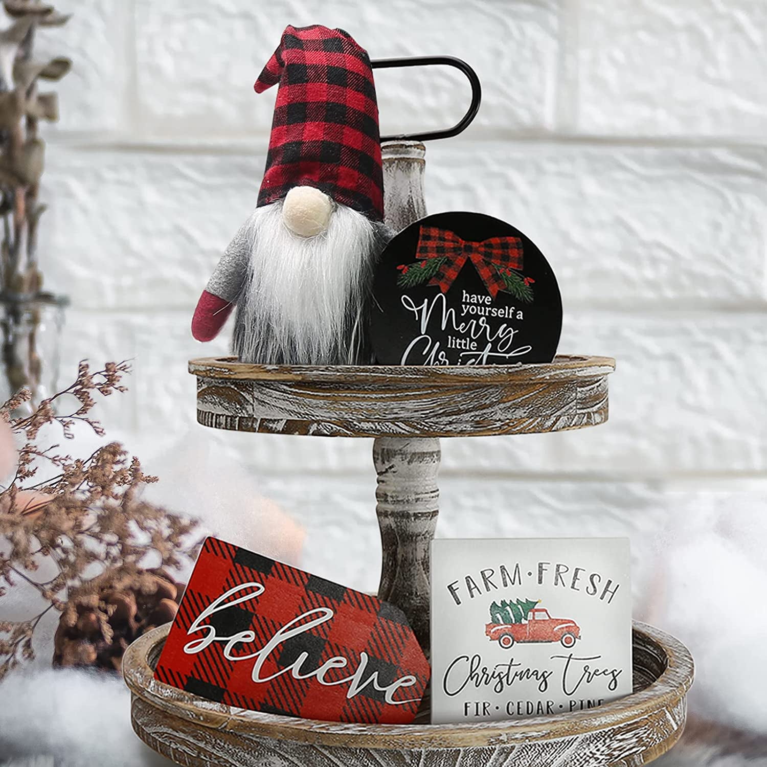 Believe Merry Christmas Wooden Signs & Buffalo Plaid Gnomes Plush Set Farmhouse Rustic Tiered Tray Country Decor Farm Fresh Christmas Decorations Indoor for Home Room Table Mantle Fireplace A