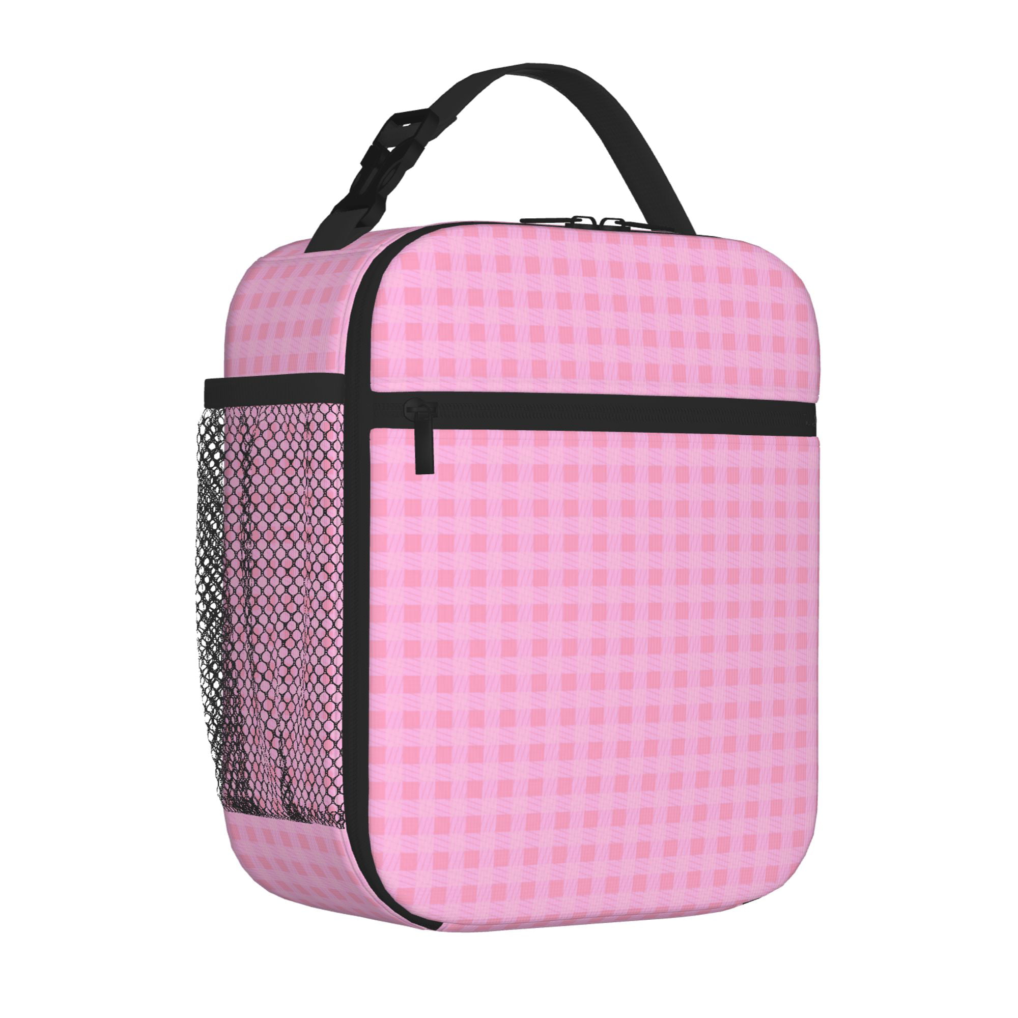TEQUAN Portable Lunch Bag, Pink Checkered Stripped Pattern Reusable  Insulated Lunch Box for Travel Work School Picnic 