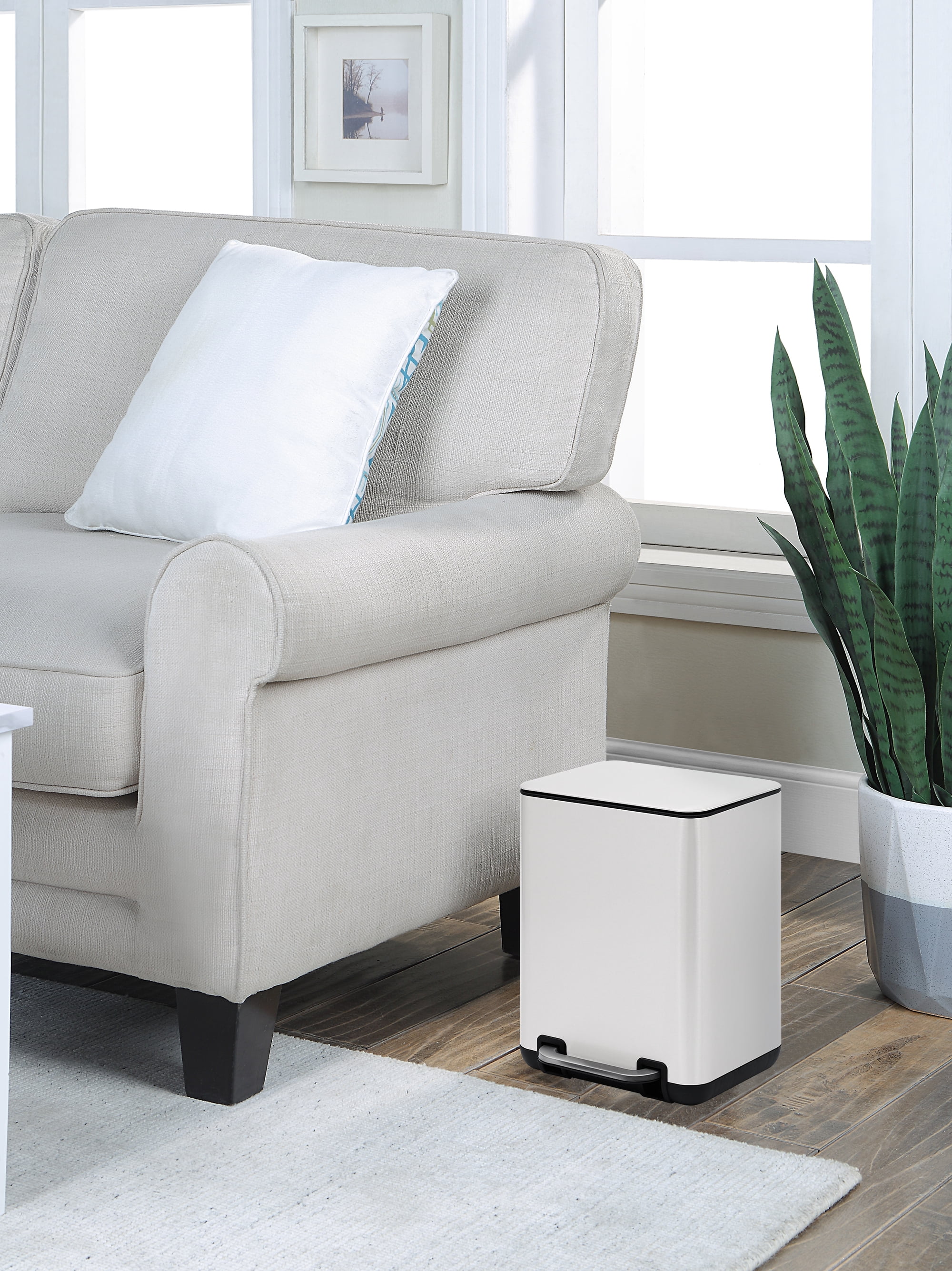 SunnyPoint 6 Liter / 1.58 Gallon Trash Can with Plastic Inner Buckets; Rectangle Bathroom, Office, Kitchen, and Bedroom Step On and Slow Close (WHT)