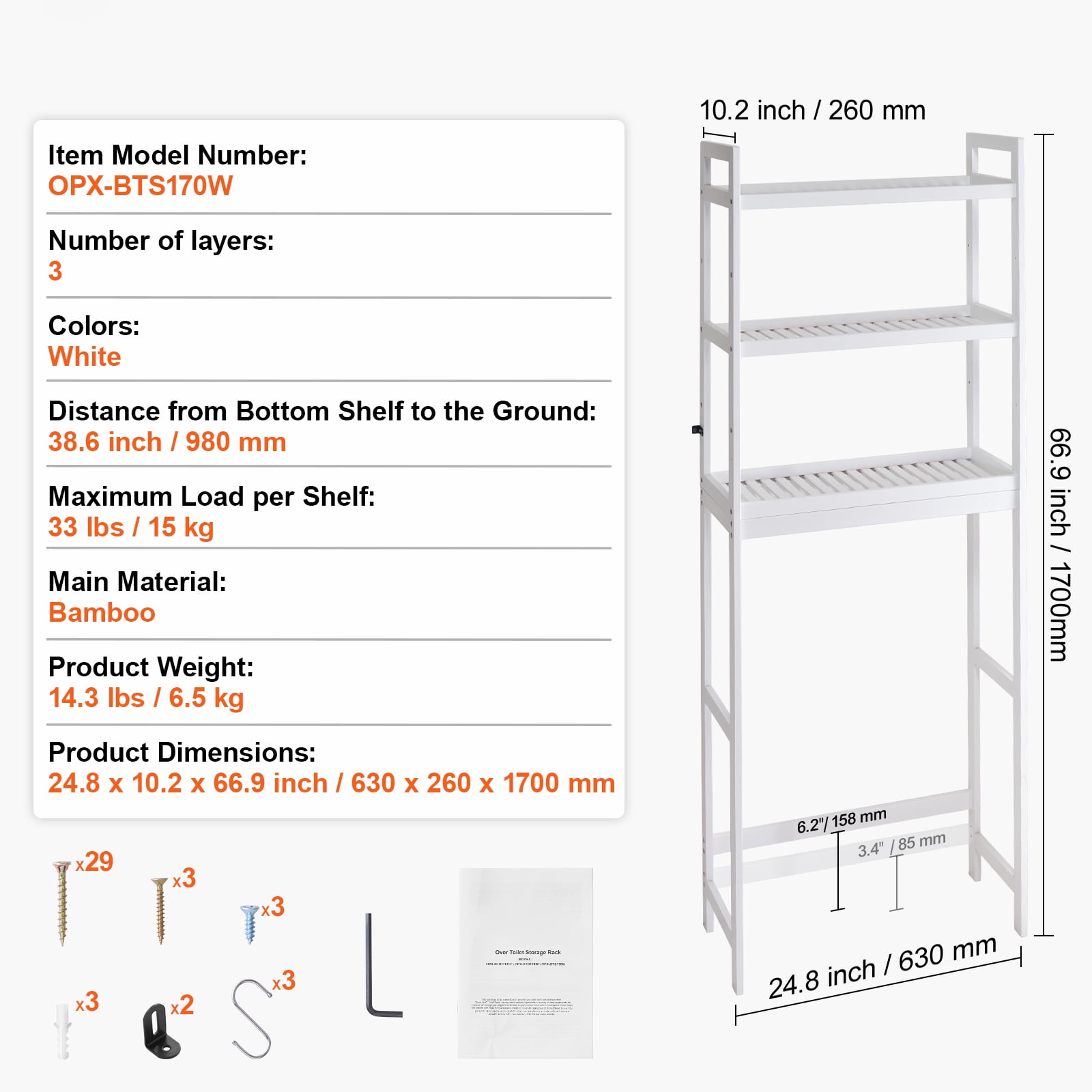 KFFKFF Bathroom Storage Above Toilet, 3-Level Adjustable Bamboo Organizer, Shelf Rack with Trio Hooks, Independent Assembly for Laundry Room Saving Space, Compatible with Various Toilets, White