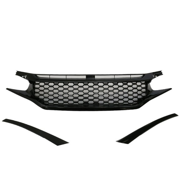 Ikon Motorsports Grille - Fits 16-18 Civic Coupe Sedan Hatchback Gloss Black Mesh Grille With 2PC Eyebrows