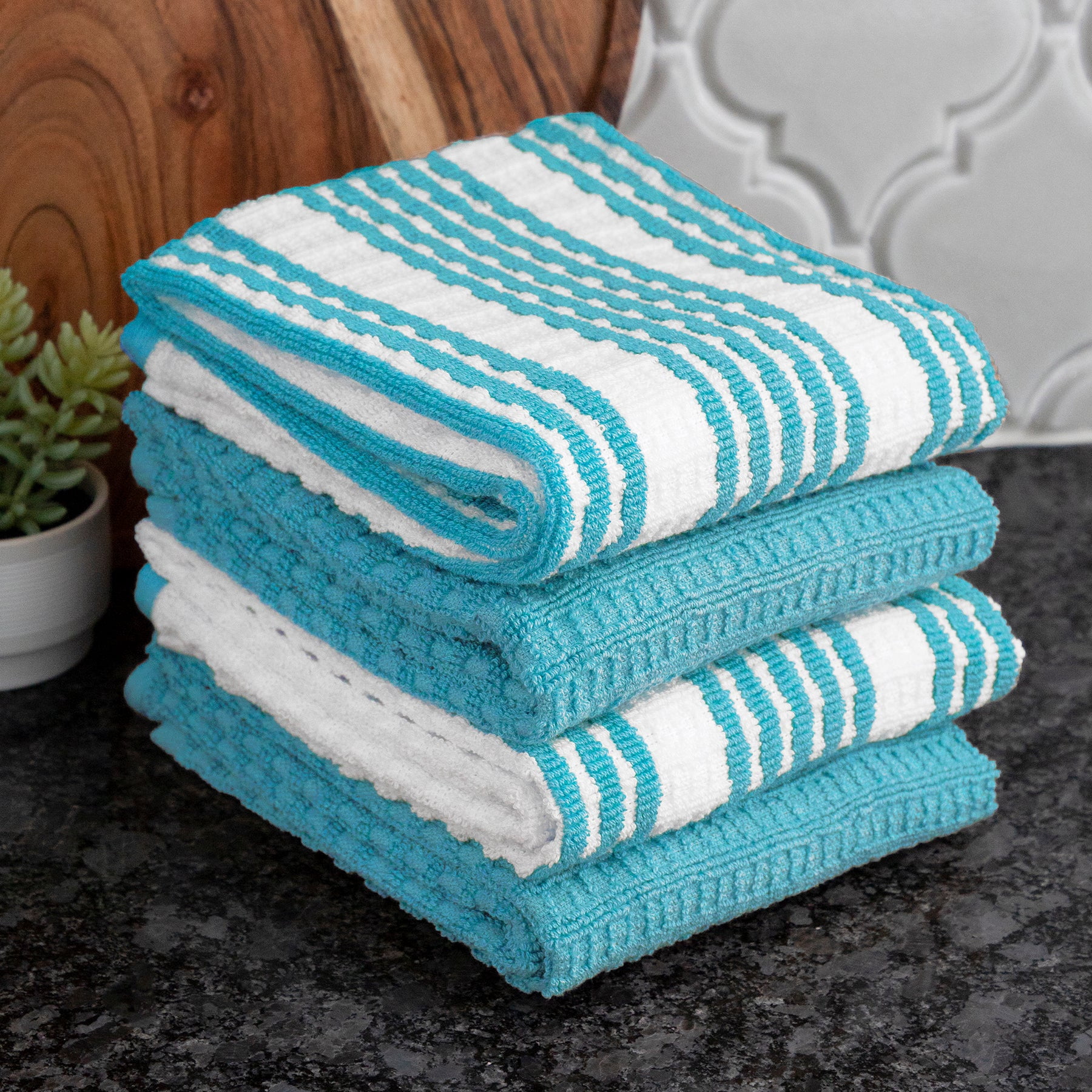 T-Fal Solid & Stripe Premium Kitchen Towels, 4-Pack, Breeze