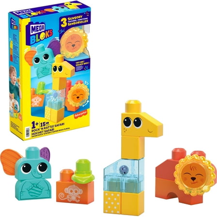 MEGA BLOKS Fisher Price Sensory Toy Blocks Rock n Rattle Safari (15 Pieces) for Toddler