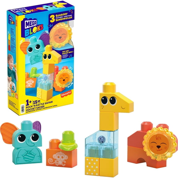 MEGA BLOKS Fisher Price Sensory Toy Blocks Rock n Rattle Safari (15 Pieces) for Toddler