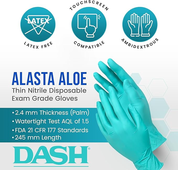 DASH Alasta Aloe Nitrile Exam Grade Disposable Gloves, Chemo Tested, Green, 3.9 mil, 100/Box, Small