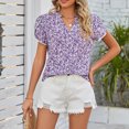 thumbnail image 2 of Blusa de verano para mujer, blusa informal holgada con manga corta de pétalos y estampado floral con cuello en V para mujer, color morado XXL, 2 of 6
