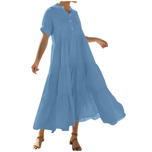 Taqqpue Summer Plus Size Dresses for Women Casual Loose V Neck Dress Short Sleeve Button Layered Maxi Dress Party Beach Vacation Dress Wedding Guest Dress S-5X
