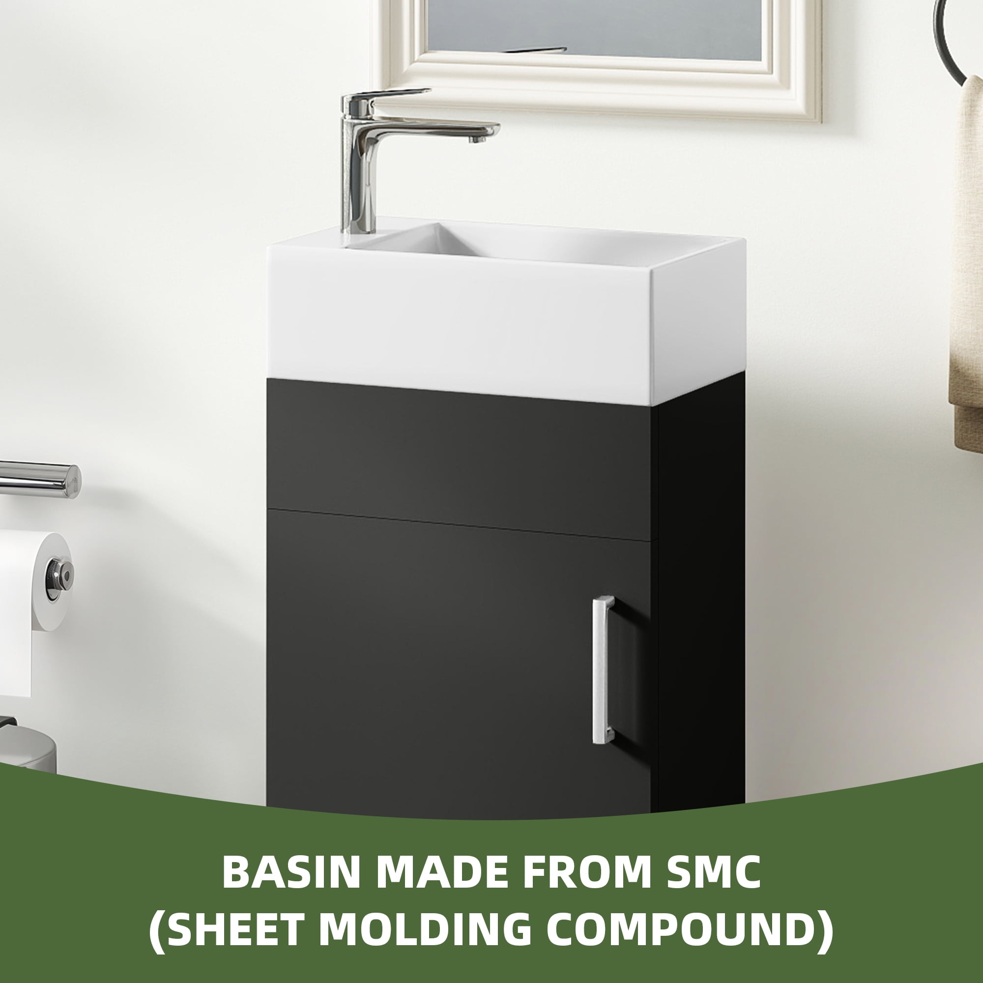 Uforic 16" Bathroom Vanity with Top Sink, Modern Free Standing Small Bathroom Storage Cabinet with Soft Close Door, Black