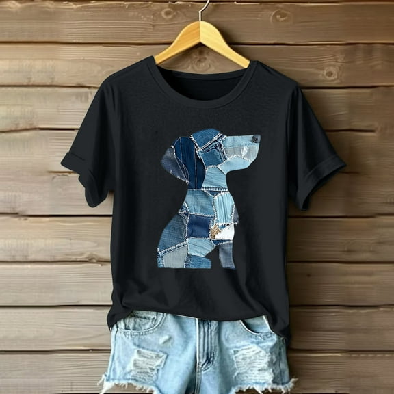 Qulqfy Cartoon Shirts Women Cute Black Puppy Dog Print Shirts Short Sleeve Women's Graphic Tops L