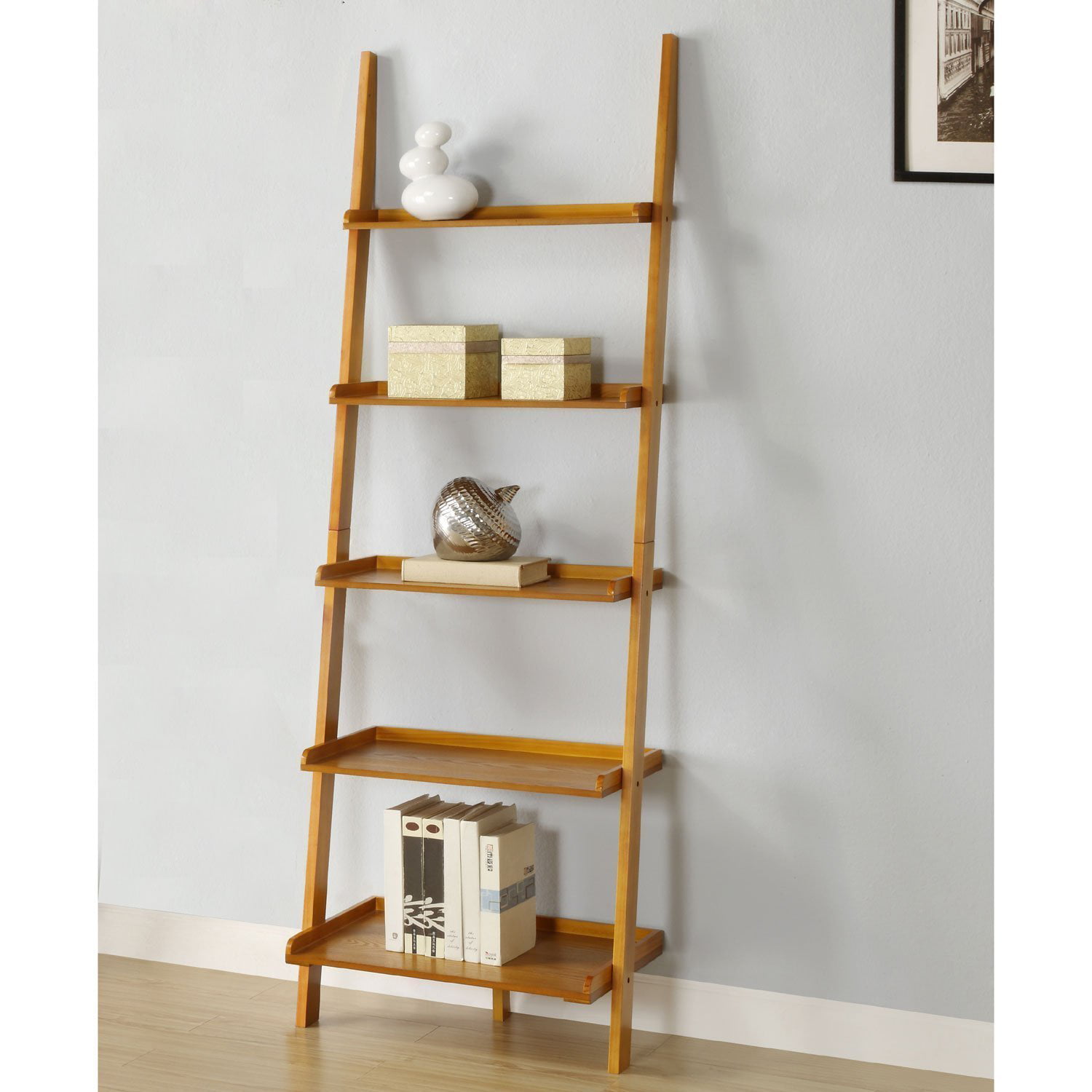 Mintra Oak Finish 5 Tier Ladder Book Shelf Walmart Com Walmart Com