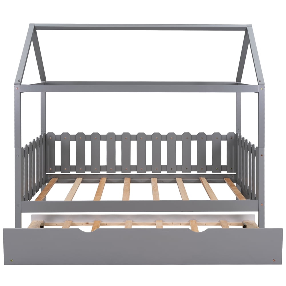 Lowestbest Twin Size House Bed with Trundle and Guardrail for Kids in Gray Lowestbest Twin Size House Bed with Trundle and Guardrail for Kids in Gray