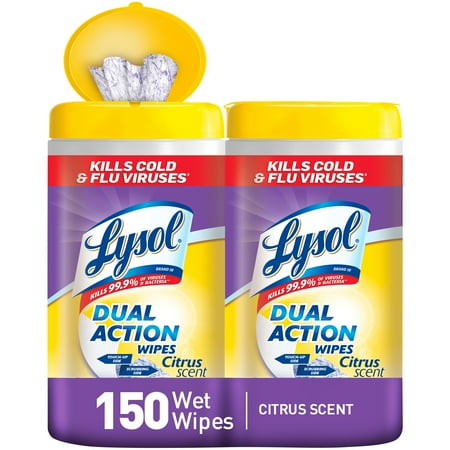 Lysol Dual Action Disinfecting Wipes, Citrus 150ct (2X80ct), Tested & Proven to Kill COVID-19 Virus, Packaging May Vary