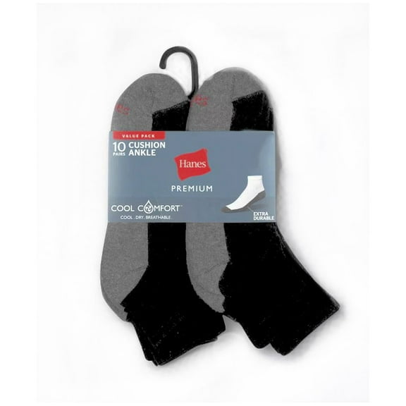 Hanes Premium Men's Cool Comfort Ankle Socks in Black, 6-12- 10pk