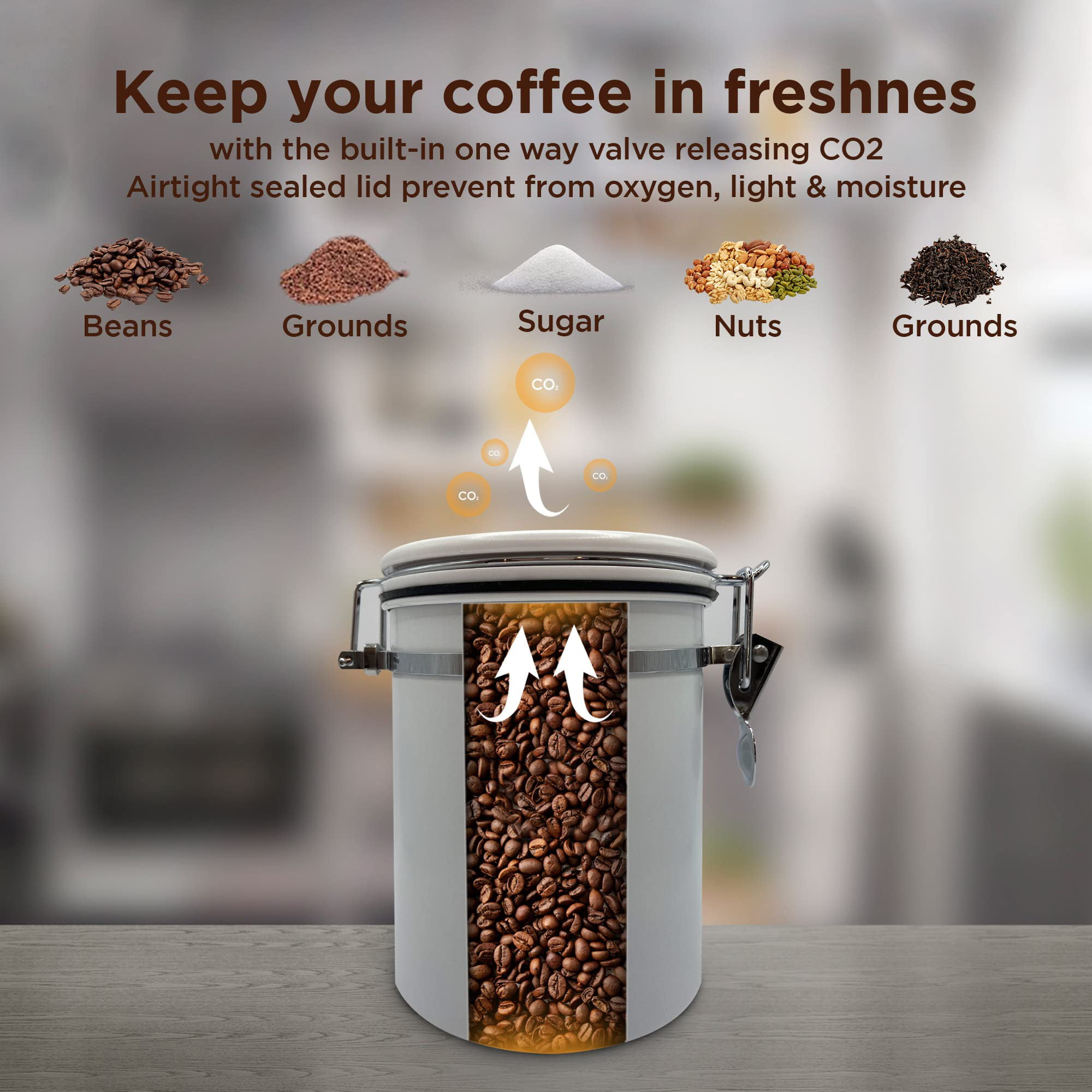 Miscedence Coffee canister for ground coffee with Scoop Date Tracker One  Way Co2 Valve 304 Stainless Steel Kitchen Food Airtight storage container  for