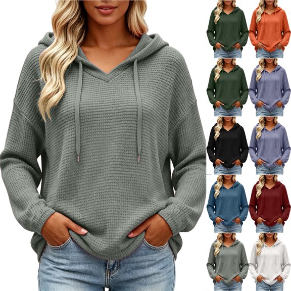 Otntypg Women's Waffle Knit Hoodie Tops Loose Oversized Casual Fall Long Sleeve Drawstring Hooded Pullover Sweatshirts Lightweight Dressy Casual Hoodies for Travel Daily