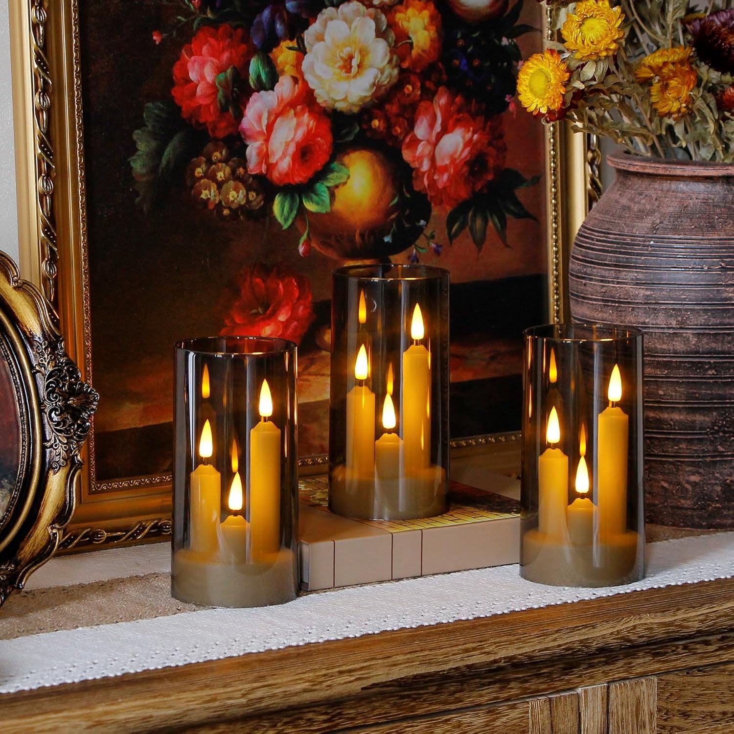 3 in 1 Flameless Taper Short Candles with 10 Key Remote Control and Timer, Battery Operated Pack of 2 LED Acrylic 3" x6" Grey Pillar Flickering Warm Light