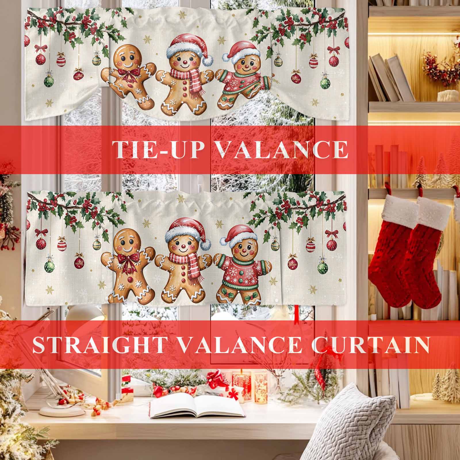 Christmas Gingerbread Man Tie Up Valances Curtain, Xmas Holly Berry Linen Texture Adjustable Rod Pocket Short Window Treatment Tie Up Curtains Valances for Kitchen Living Room Bathroom 54x18 In
