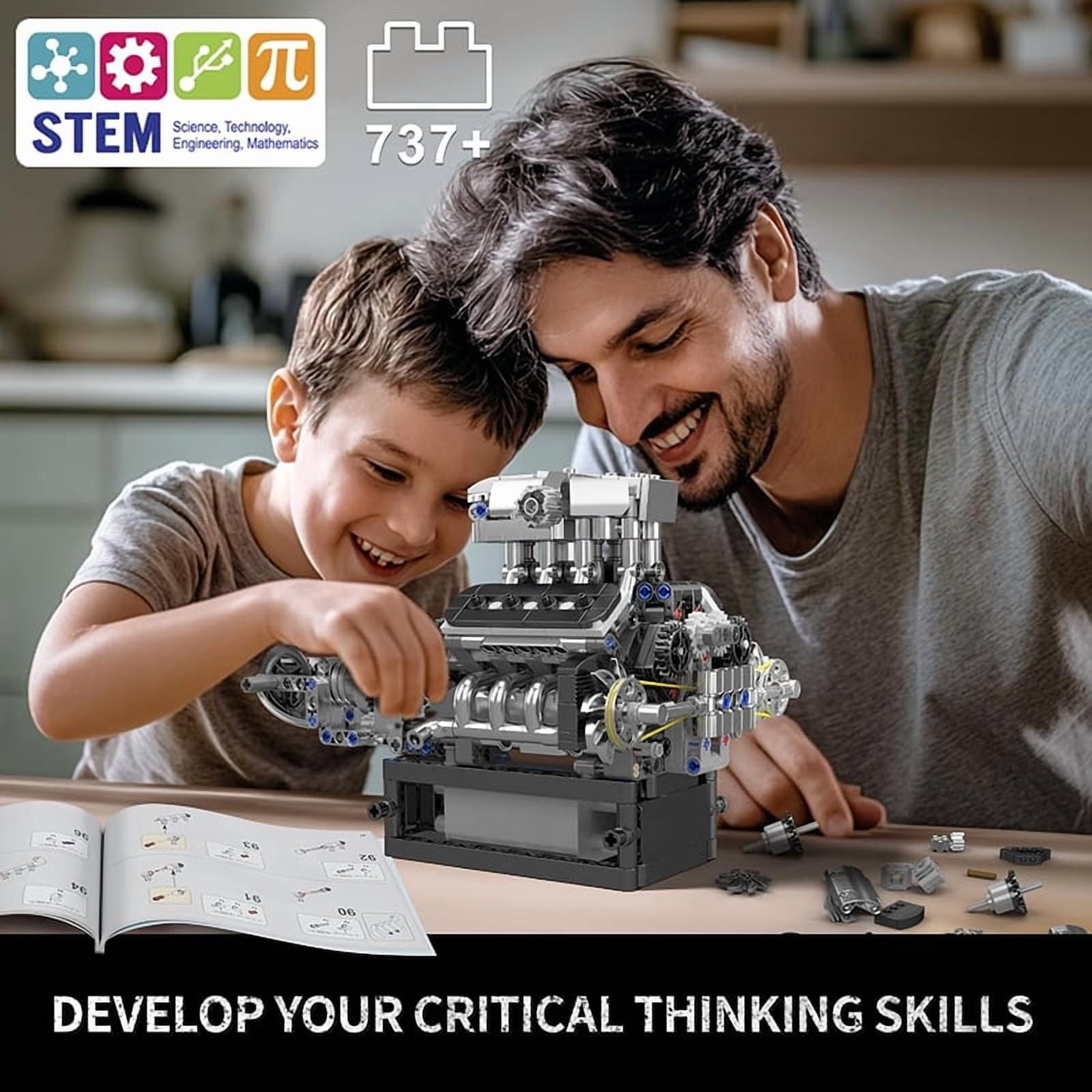SNOWEAGLE V8 Engine Building Blocks Sets, V8 Engine Model kit That Run, Build Your Own STEM Model Engine, 8-Cylinder Car Engine Building Engineering Toys for Kids/Adults Collections(737+PCS)