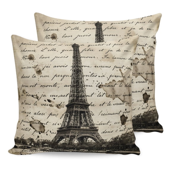 Pillow Covers 18x18 Set of 2, Paris Tower Throw Pillow Covers Decorative Couch Cushion Cover, Vintage Words Beige Grey Microfiber Soft Square Pillowcases for Bedroom Living Room Sofa
