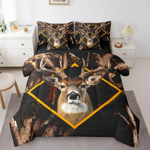 Erosebridal 7 Piece Rustic Deer Comforter Set King,Tree Branches Camo Hunting Bed In A Bag Camo Deer Sheet Set Adults,Camouflage Animal Bedding Set With Pillow Covers,Reversible Black