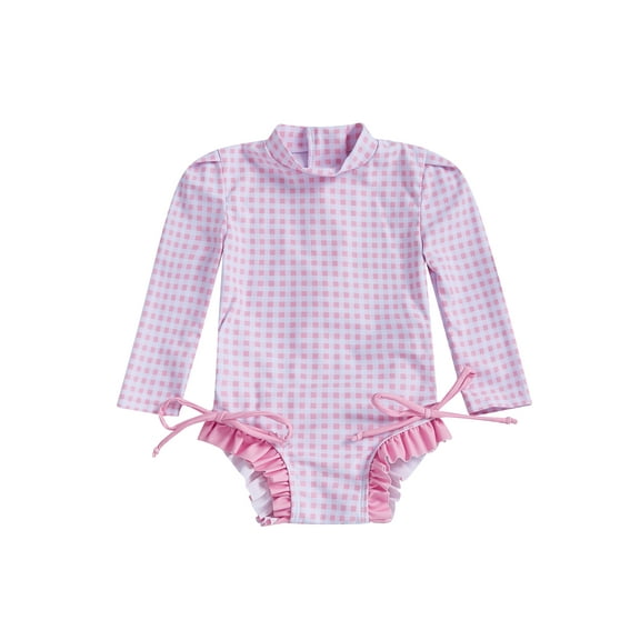 BSongo Girls Rash Guard Swimsuit Romper Long Sleeve Ruffle Trim Plaid Print Bathing Suit Swim Romper