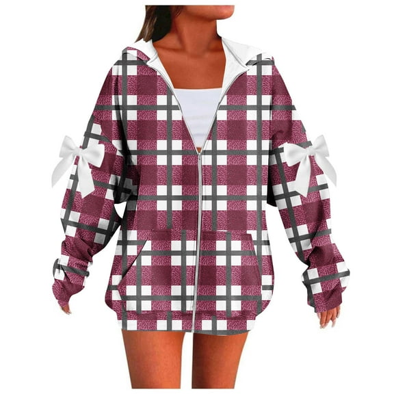 ZUKMRJPC Women's Vintage Plaid Hoodies Long Sleeve Cute Bow Full Zip Hooded Sweatshirt Fall Winter Warm Comfy Outwear with Pockets