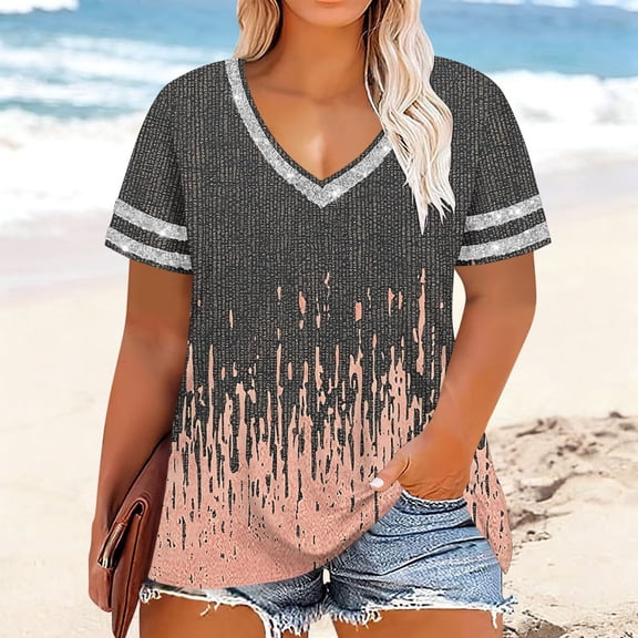 Mifsaly Plus Size V Neck Short Sleeve Tops for Women Summer Casual Oversized Top Abstract Stripe Glitter Trim T Shirts Comfortable Daily Wear Loose Blouse XXXXXL