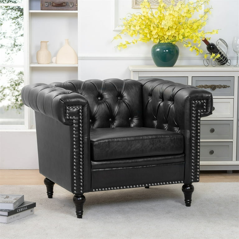 Chesterfield Luxury Leather 1 Seater Single Sofa Couch, Mid Chesterfield Luxury Leather 1 Seater Single Sofa Couch, Mid