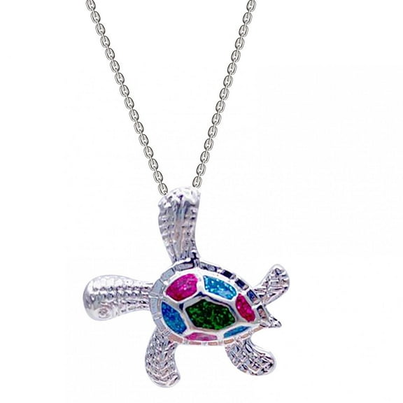 EQWLJWE 925 Sterling Silver Created Blue Opal Sea Turtle Pendant Necklace 18, Birthstone Health and Longevity Gift Jewelry for Women