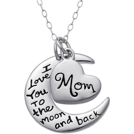 Sterling Silver Heart and Moon Mom Sentiment Pendant, 18